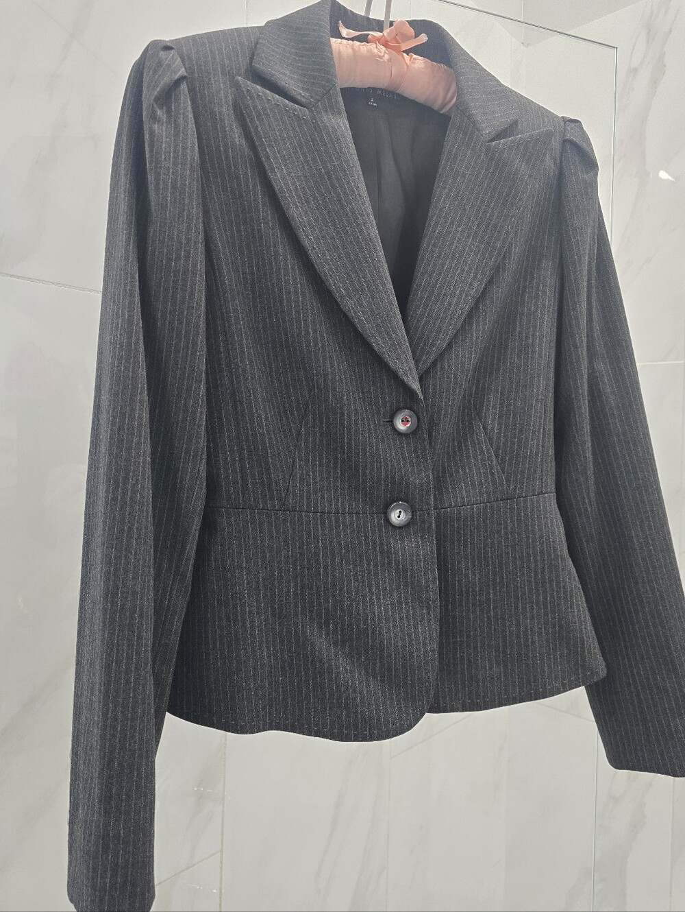 ANTONIO MELANI Charcoal Pinstripe Tailored 2-button Career Peplum Jacket, Sz: 2